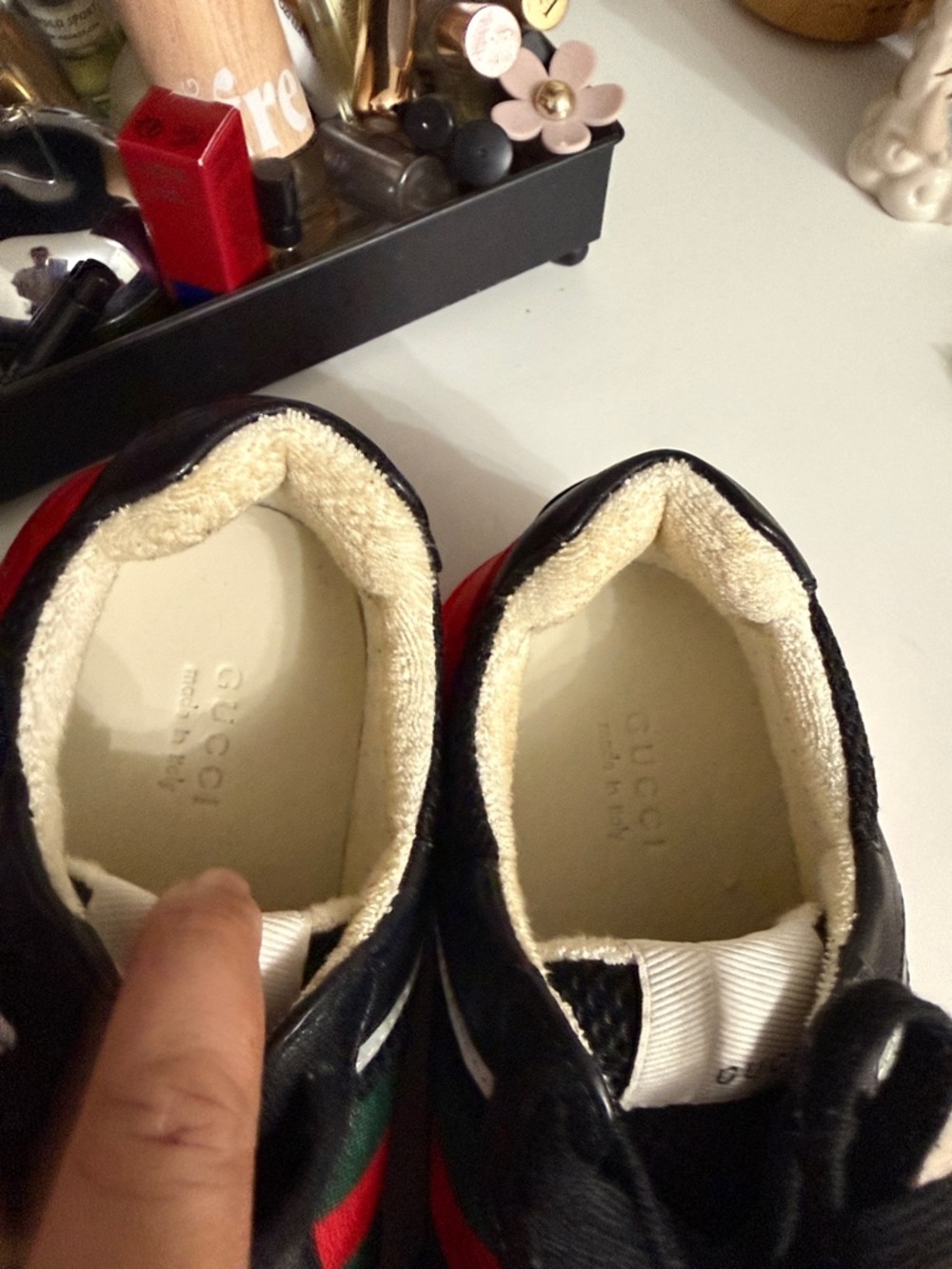 Gucci Black Leather Sneakers with Red and Green Web Stripe and Red Heel - Picture 3 of 8